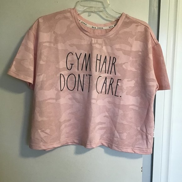 Rae Dunn Tops - RAE Dunn Pink Camo “Gym Hair Don't Care” Yoga Top with Keyhole back